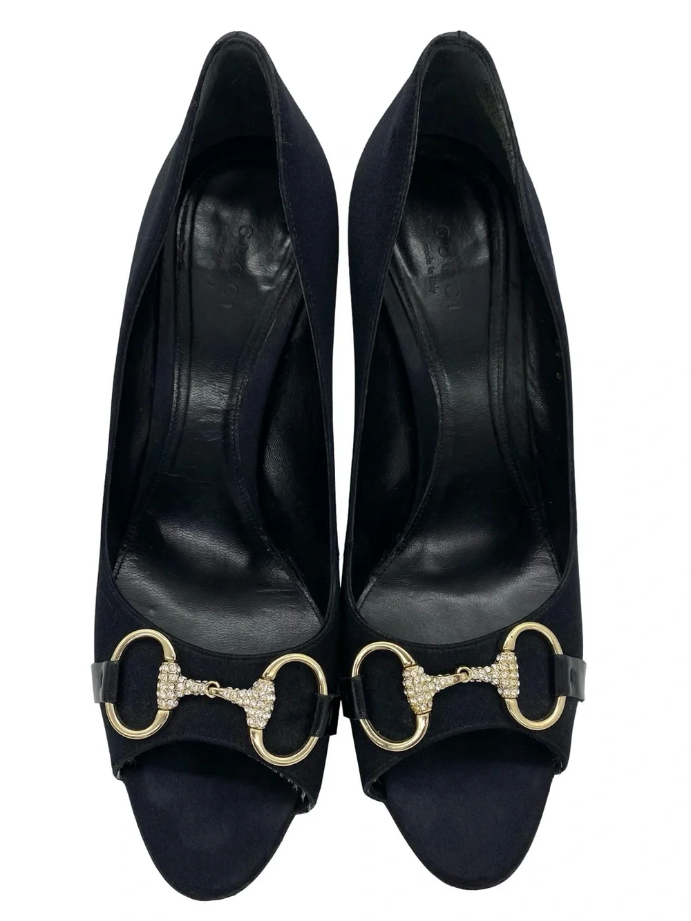 Gucci Black Satin Horsebit Peep Toe Pumps Size 8.5